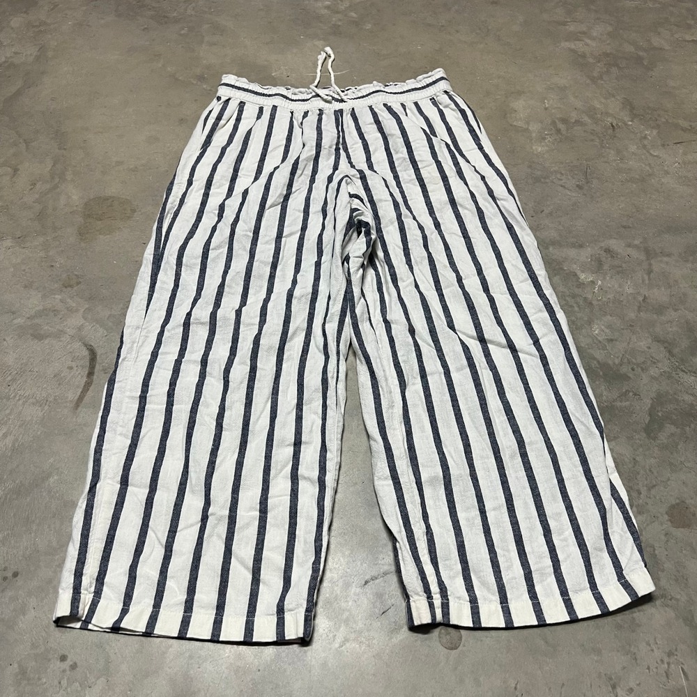 J.Crew Striped Linen Cotton Pull On Pants Navy White BG361 Womens Large